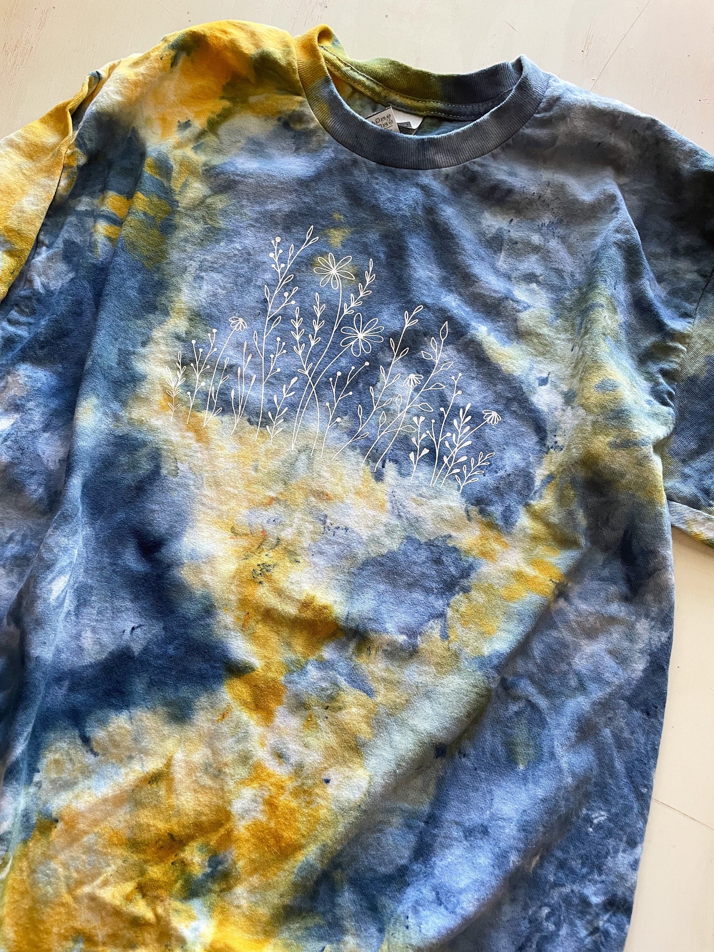 Wildflower T-shirt: Blue & Yellow Ice Tie-Dye, Hand-Dyed Boho Shirt