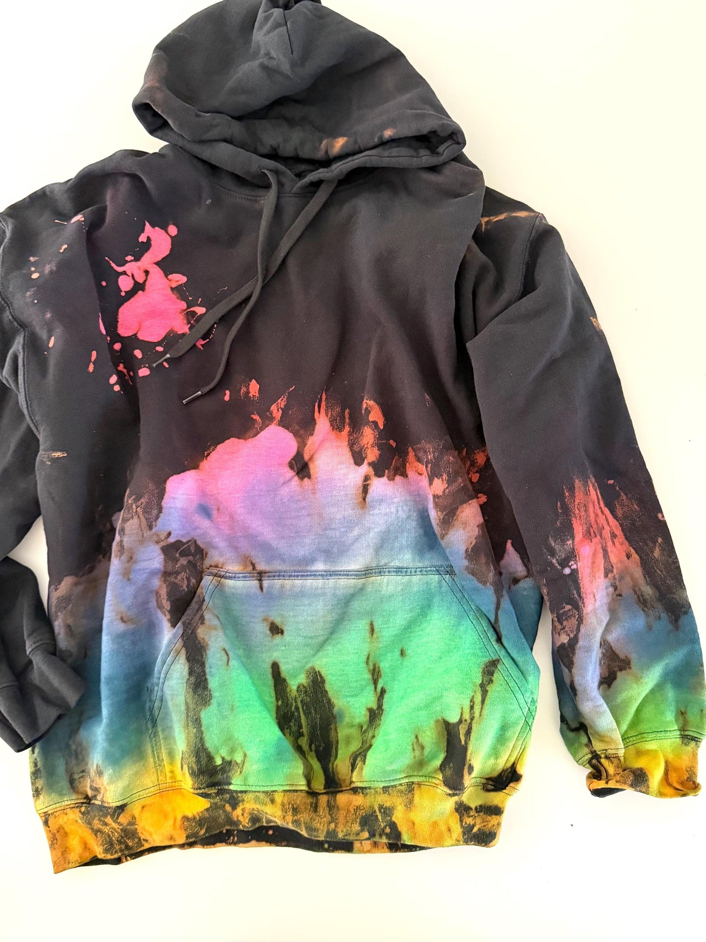 Black Rainbow Reverse Tie Dye Hoodie: Handmade Unisex Sweatshirt