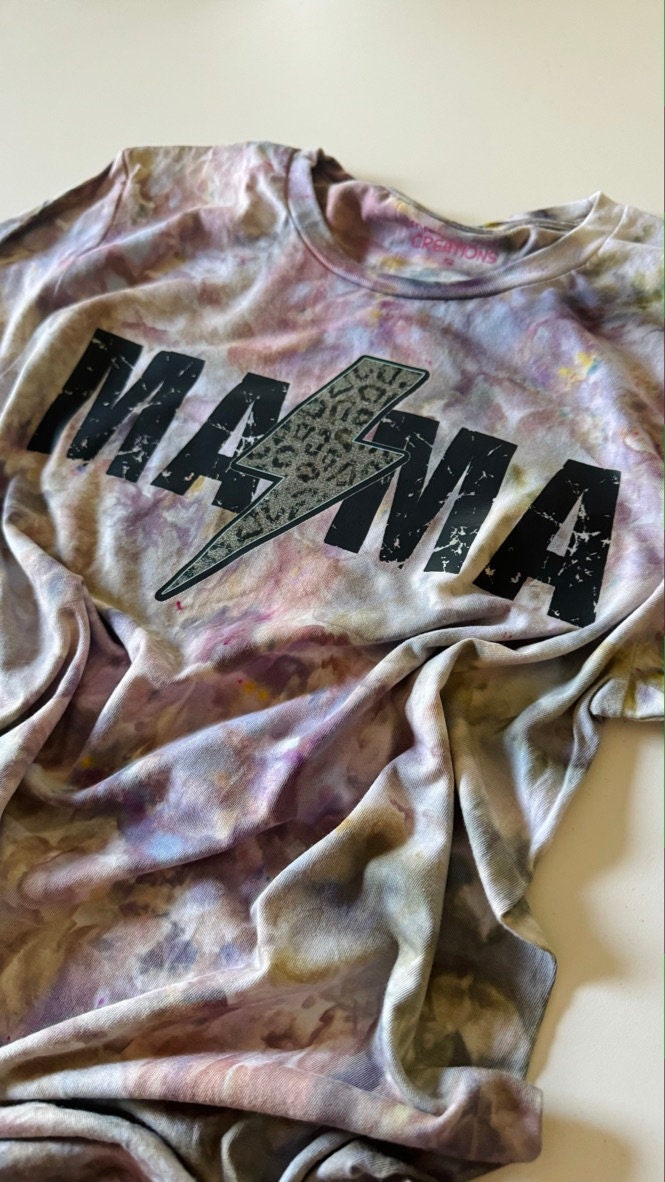 Mama Lightning Bolt Ice Dyed Shirt: Purple Gray Tie-Dye Tee