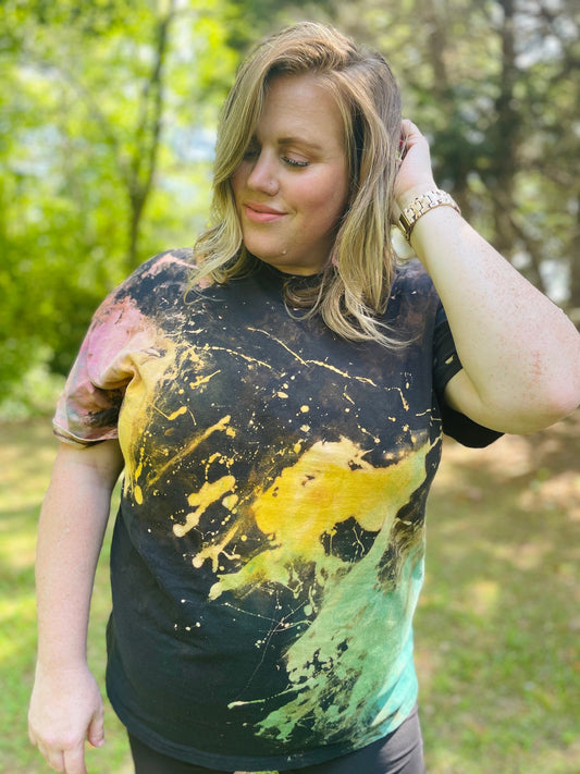 Vintage Rainbow Splatter Reverse Tie-Dye Shirt: Hand-Dyed Bleach Design