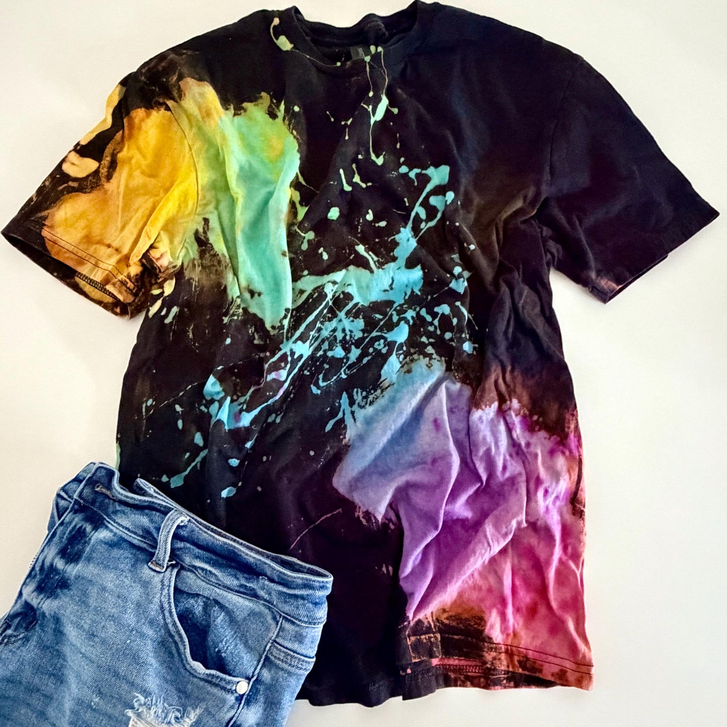 Bright Rainbow Splatter Reverse Tie-Dye Shirt: Hand-Dyed Bleach Design