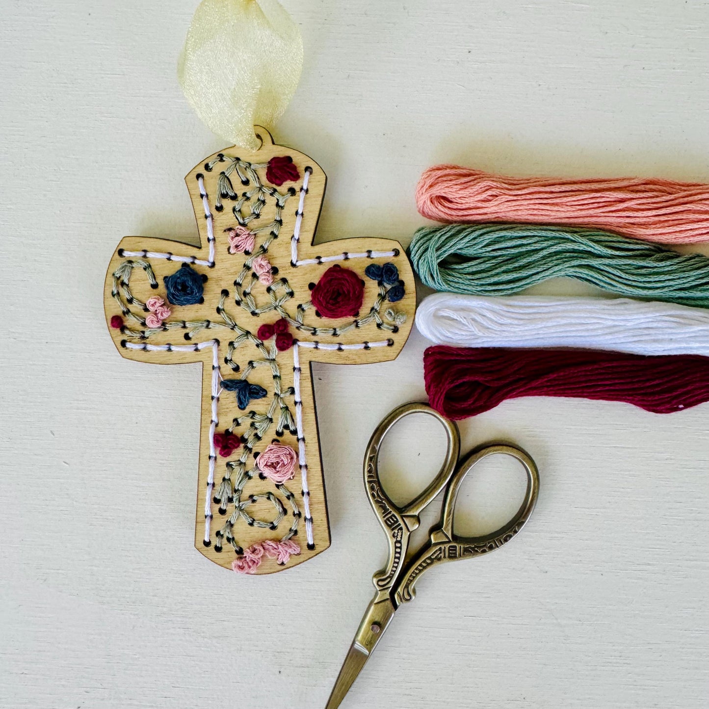 Cross Wooden Embroidery DIY Kit, Religious Craft - Full Instructions Included