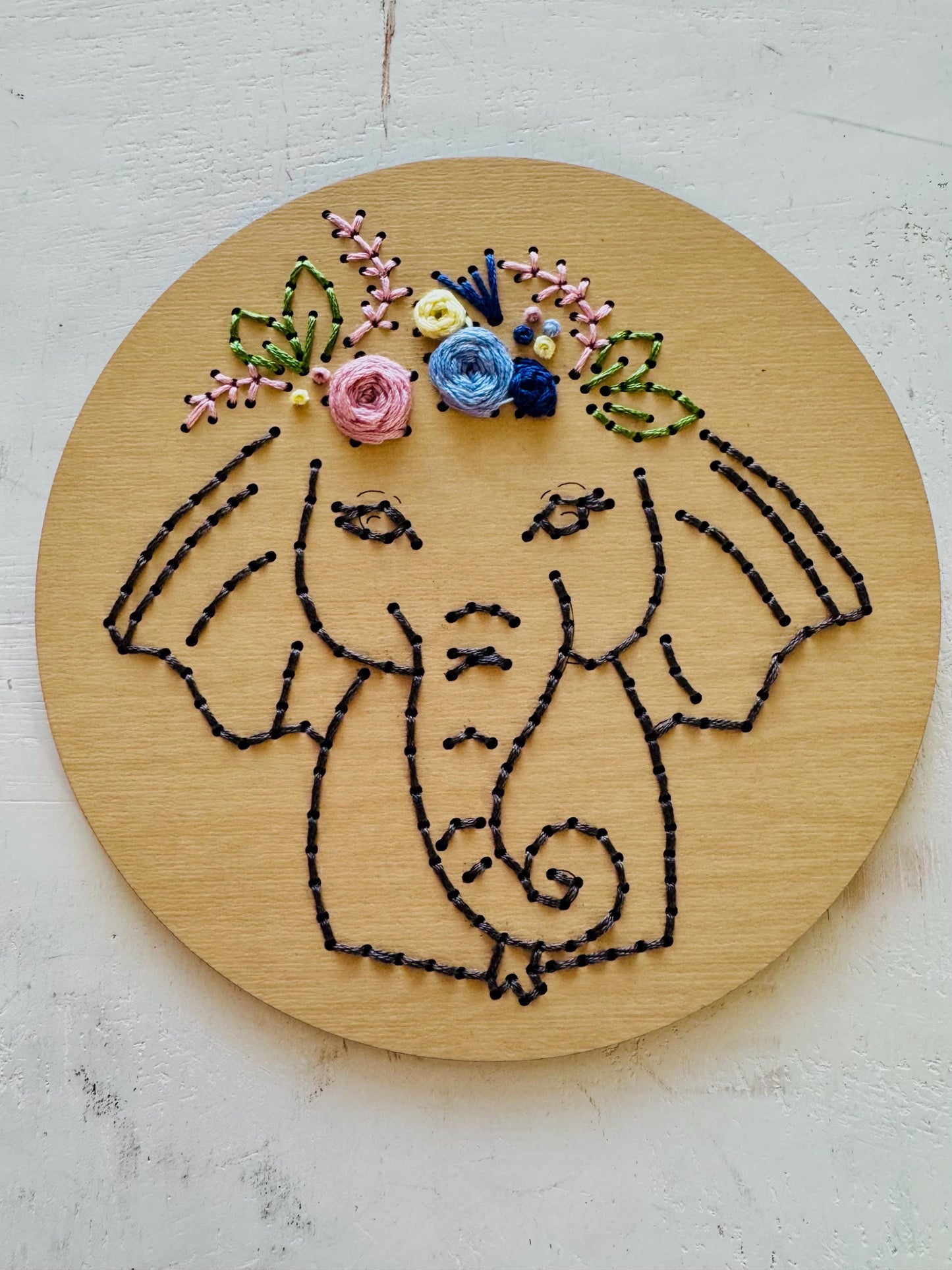 Elephant Flower Crown Wooden Embroidery Kit: Beginner DIY Craft