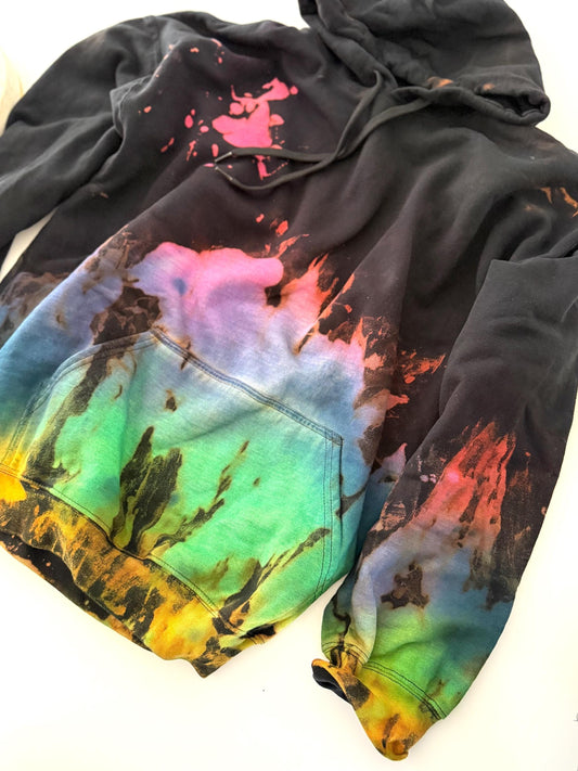 Black Rainbow Reverse Tie Dye Hoodie: Handmade Unisex Sweatshirt
