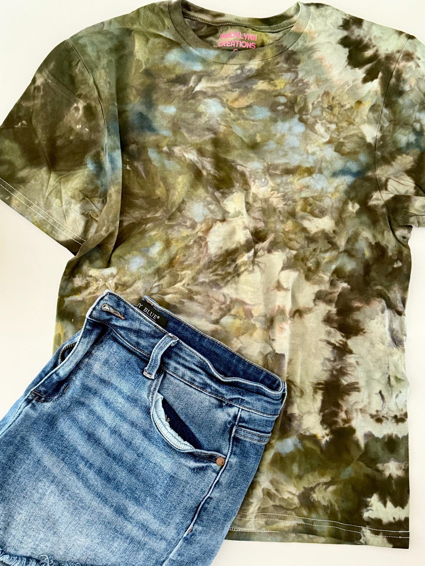 Ice Dyed T-Shirt: Army Green Tans, Unisex Comfy Tee
