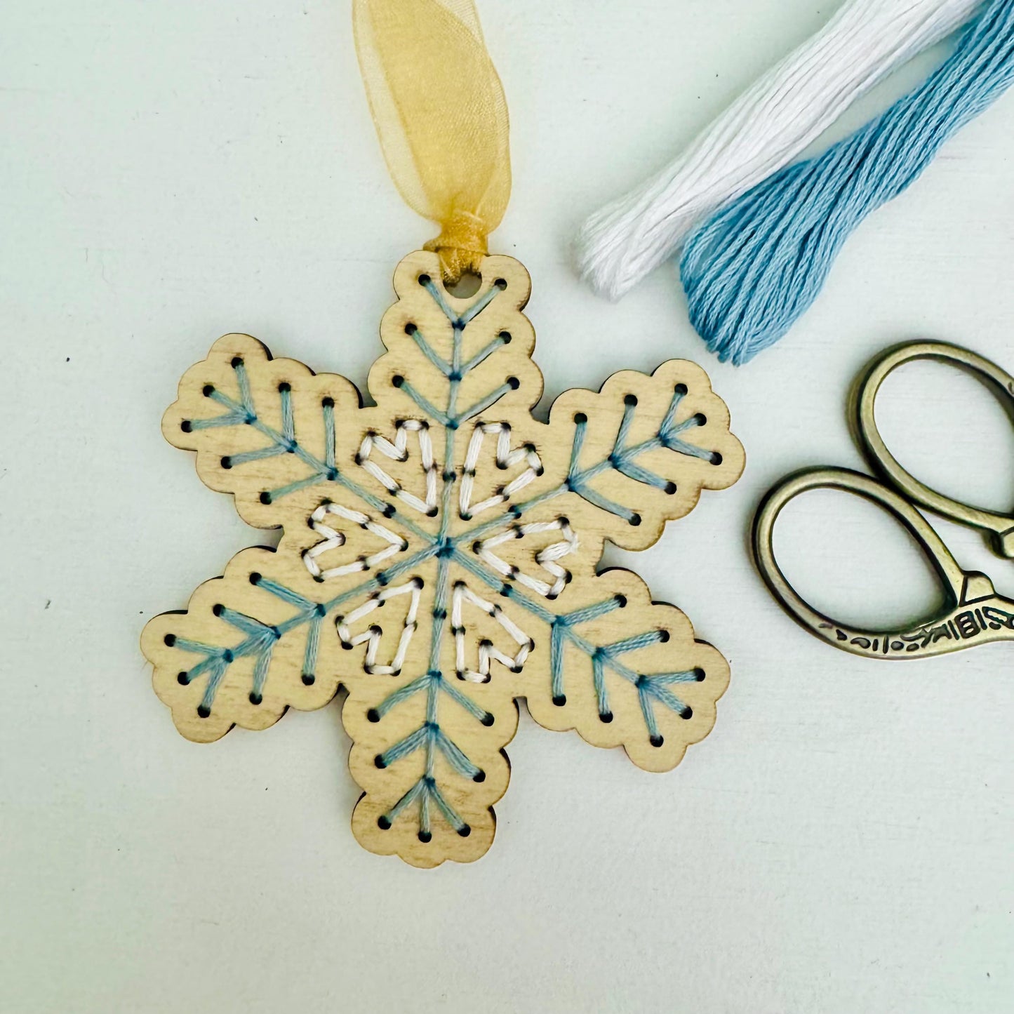 Vintage Inspired Snowflake and Bow Wooden Embroidery DIY Kit - Full Instructions Included