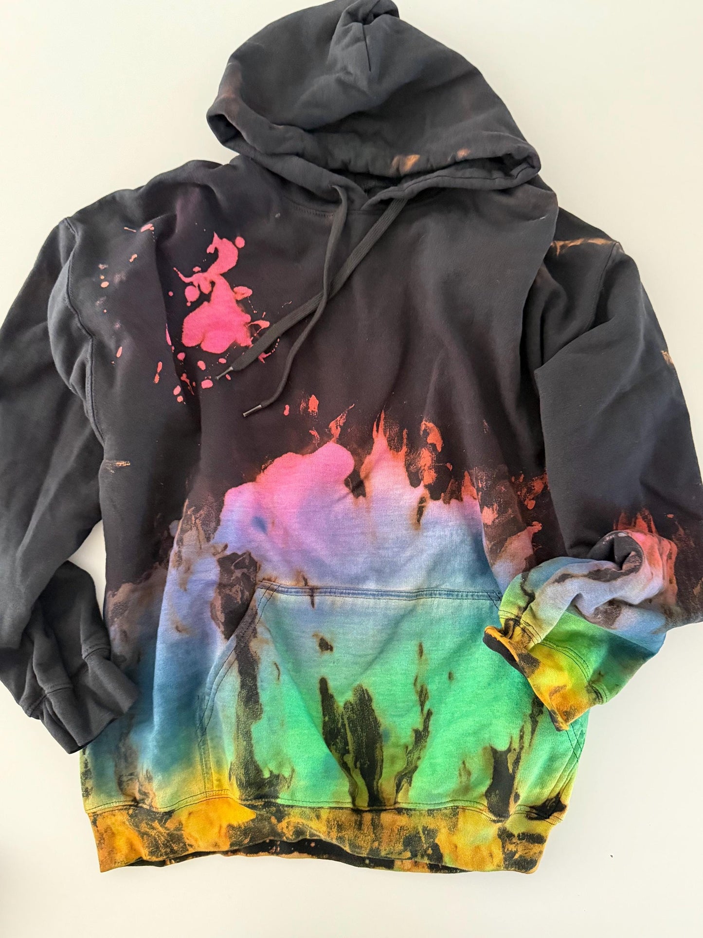 Black Rainbow Reverse Tie Dye Hoodie: Handmade Unisex Sweatshirt
