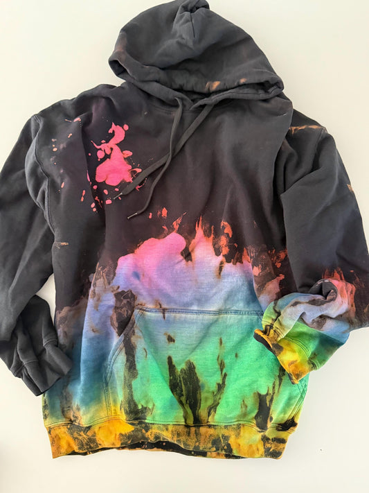 Black Rainbow Reverse Tie Dye Hoodie: Handmade Unisex Sweatshirt
