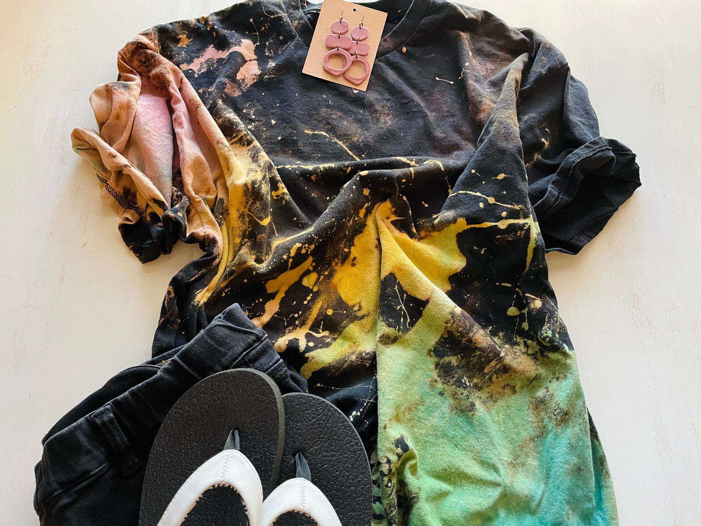Vintage Rainbow Splatter Reverse Tie-Dye Shirt: Hand-Dyed Bleach Design
