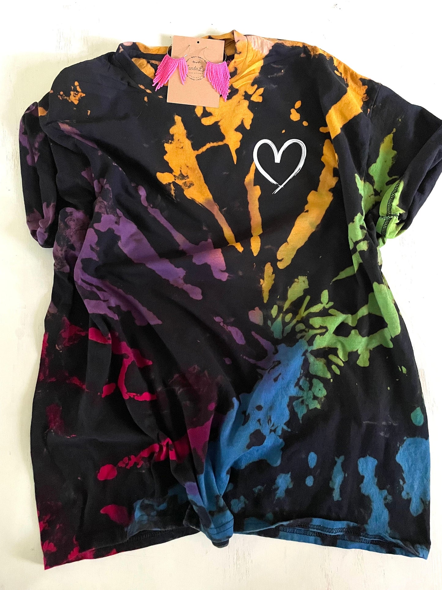 Reverse Tie Dye Shirt: Rainbow Bleached Heart Design