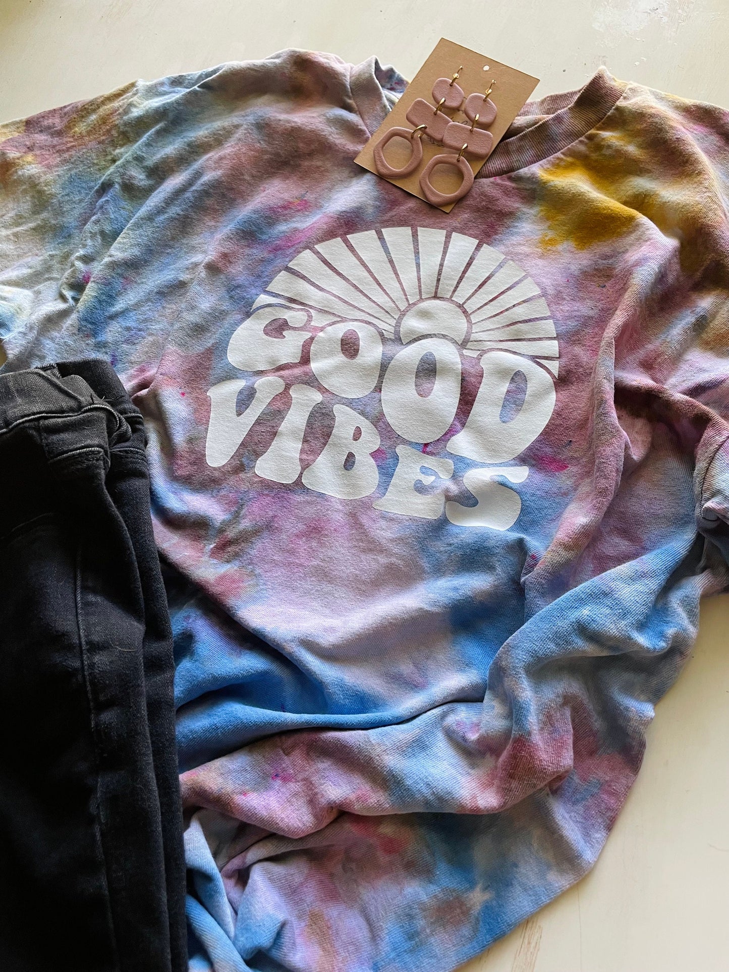 Hand Dyed Good Vibes T-Shirt: Women's Ice Dye Crew Neck