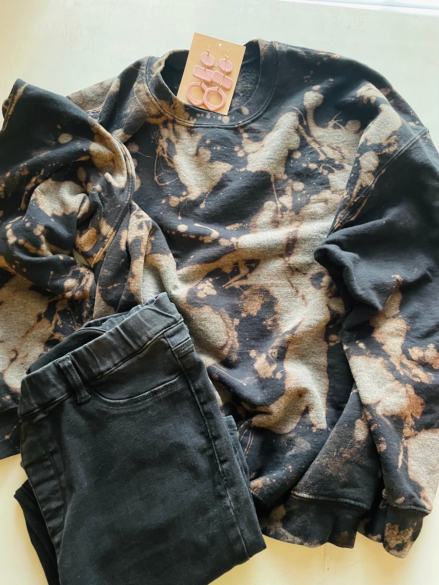 Hand Bleached Black Sweatshirt: Splatter Dye Crewneck