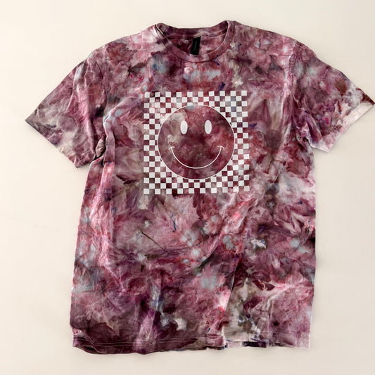 Pink Tie Dye Shirt: Retro Checkered Smiley Face, Ice Dyed