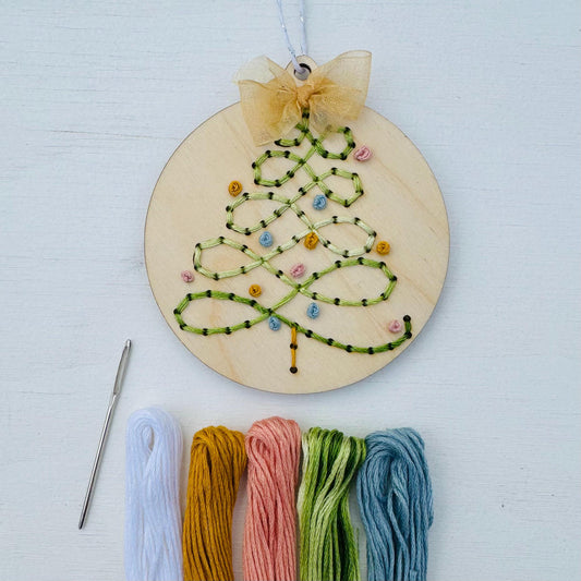 DIY Wooden Embroidery Ornament Kit: Christmas Swirly Tree, Angel (2-Pack)