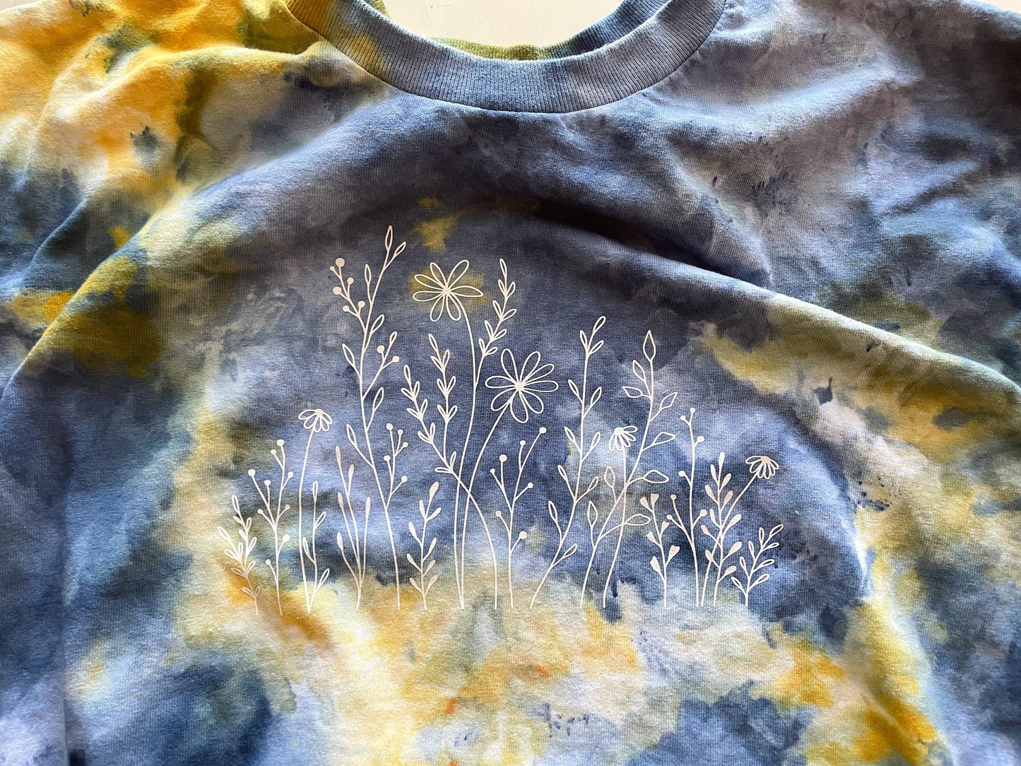 Wildflower T-shirt: Blue & Yellow Ice Tie-Dye, Hand-Dyed Boho Shirt