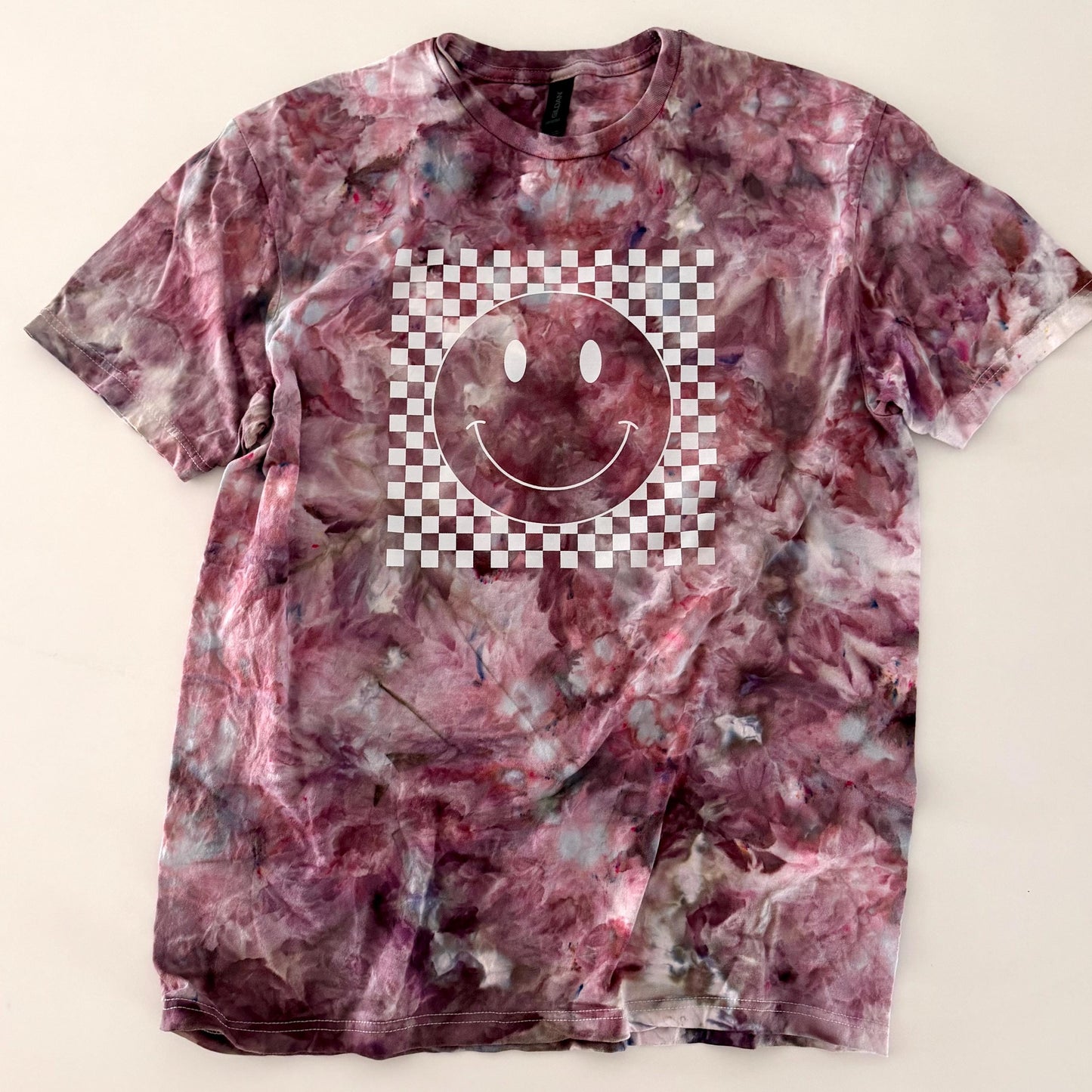 Pink Tie Dye Shirt: Retro Checkered Smiley Face, Ice Dyed
