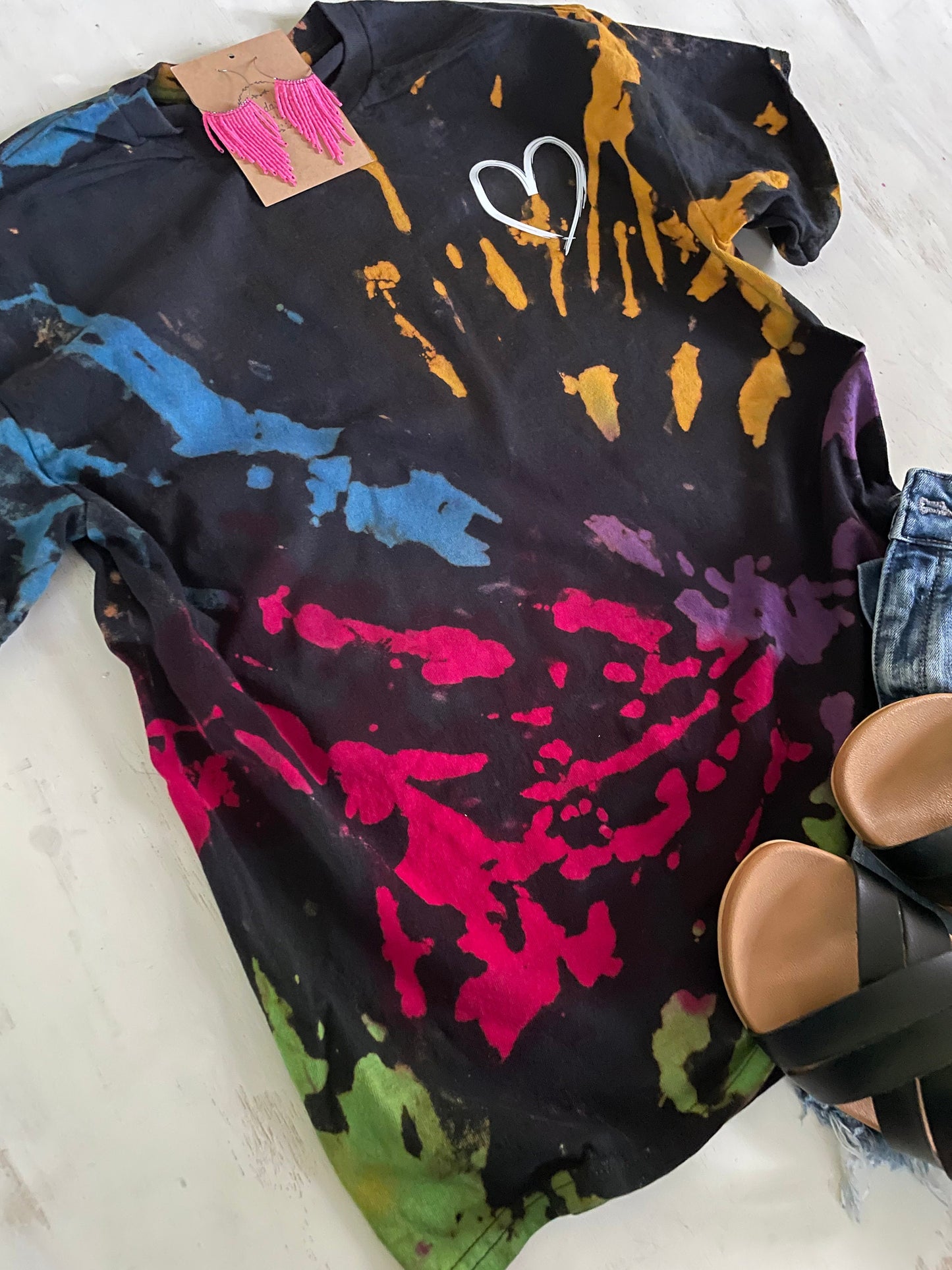 Reverse Tie Dye Shirt: Rainbow Bleached Heart Design