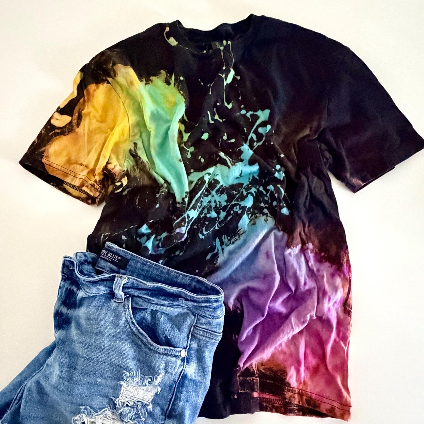 Bright Rainbow Splatter Reverse Tie-Dye Shirt: Hand-Dyed Bleach Design