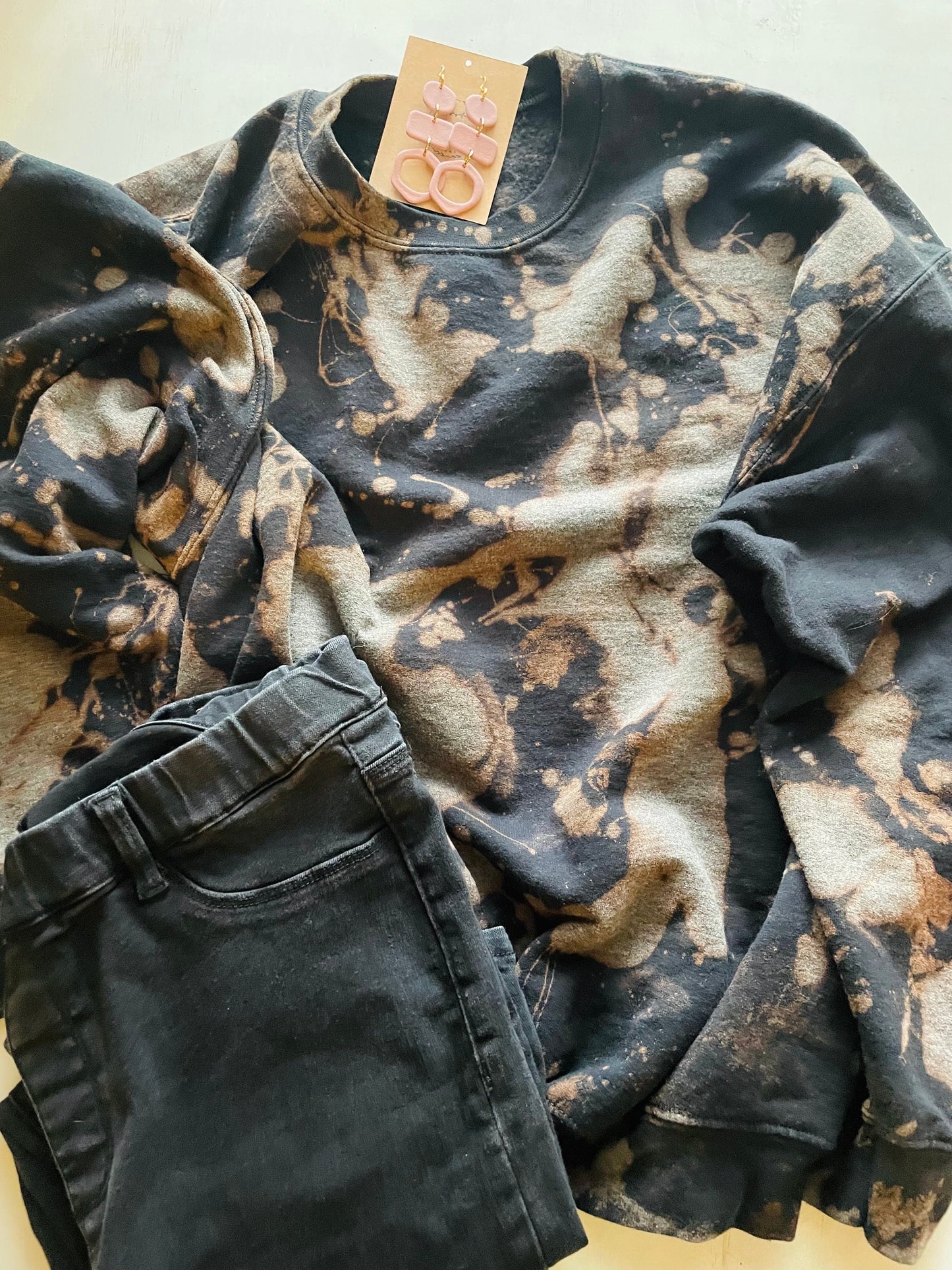 Hand Bleached Black Sweatshirt: Splatter Dye Crewneck