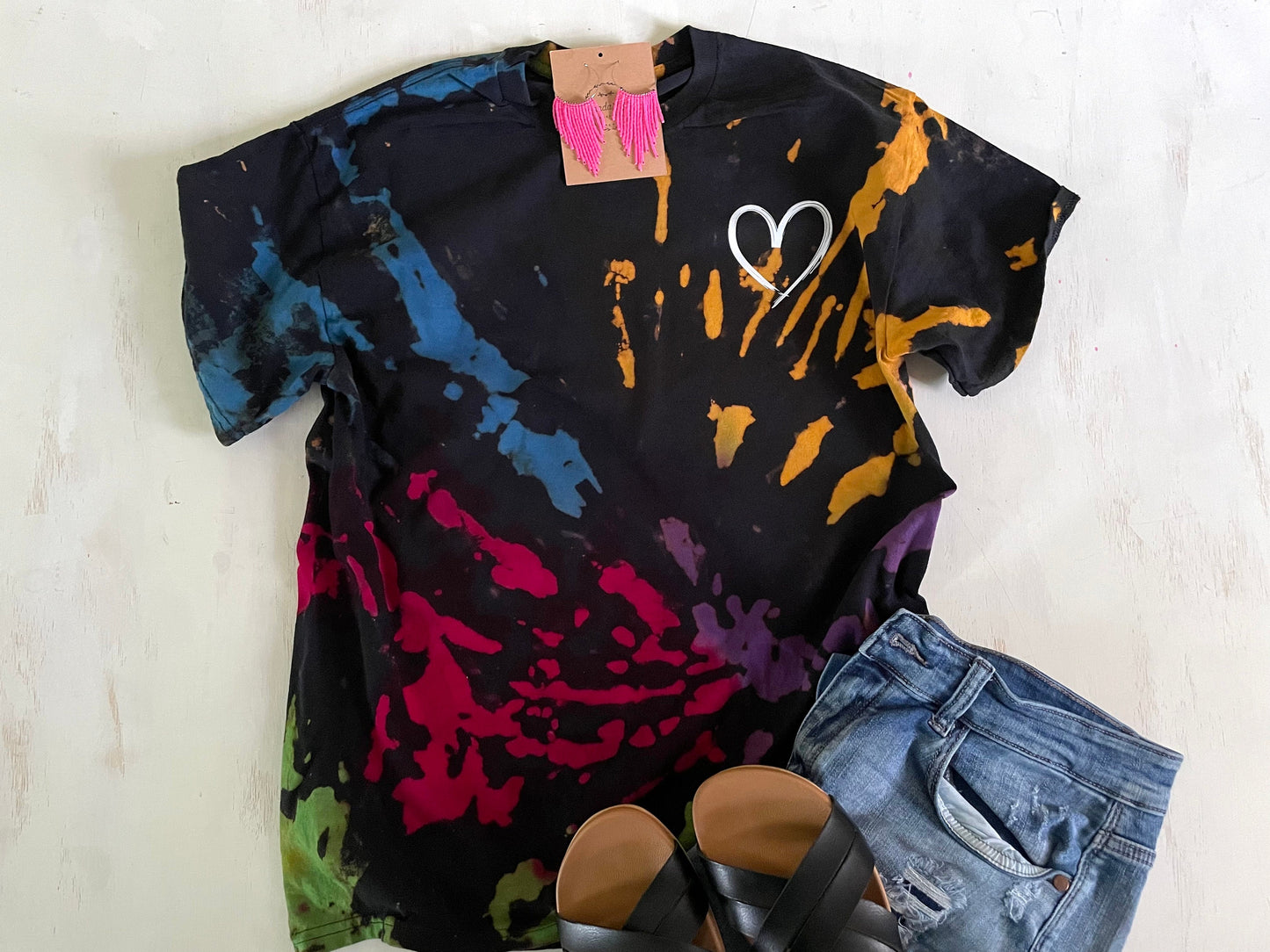 Reverse Tie Dye Shirt: Rainbow Bleached Heart Design