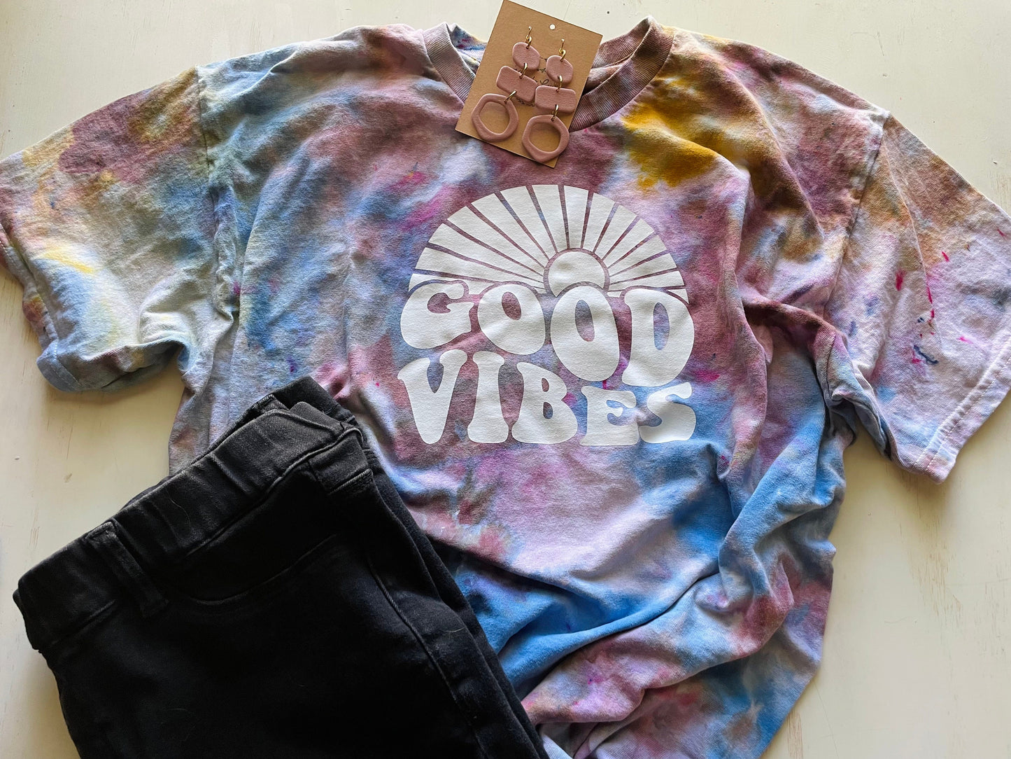 Hand Dyed Good Vibes T-Shirt: Women's Ice Dye Crew Neck