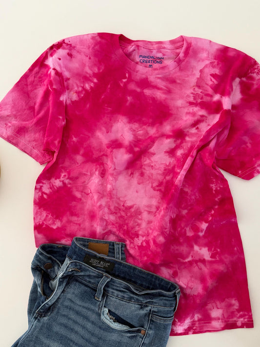 Hot Pink Ice Dyed T-Shirt: Hand-Dyed Cotton Crew Neck