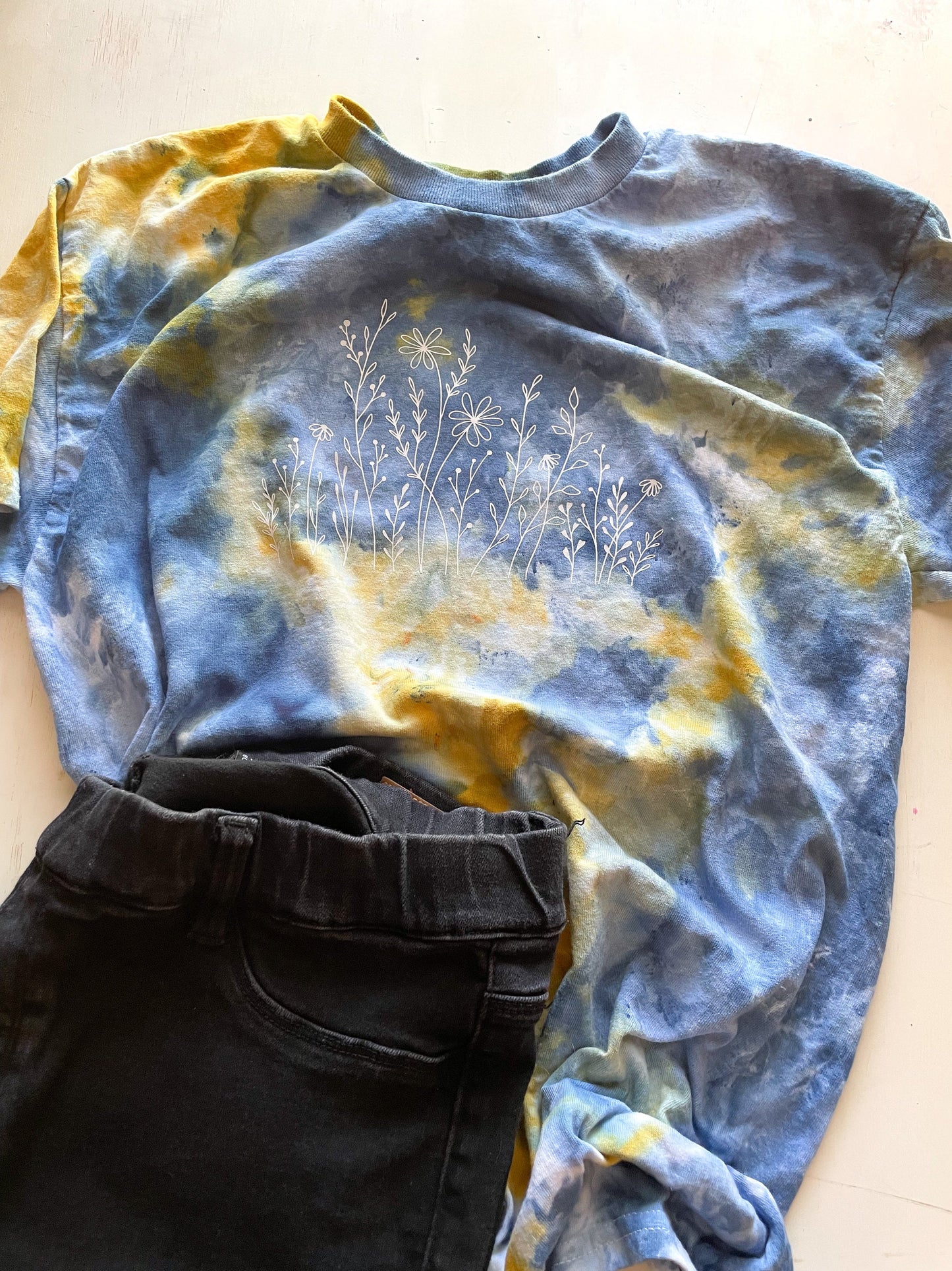 Wildflower T-shirt: Blue & Yellow Ice Tie-Dye, Hand-Dyed Boho Shirt