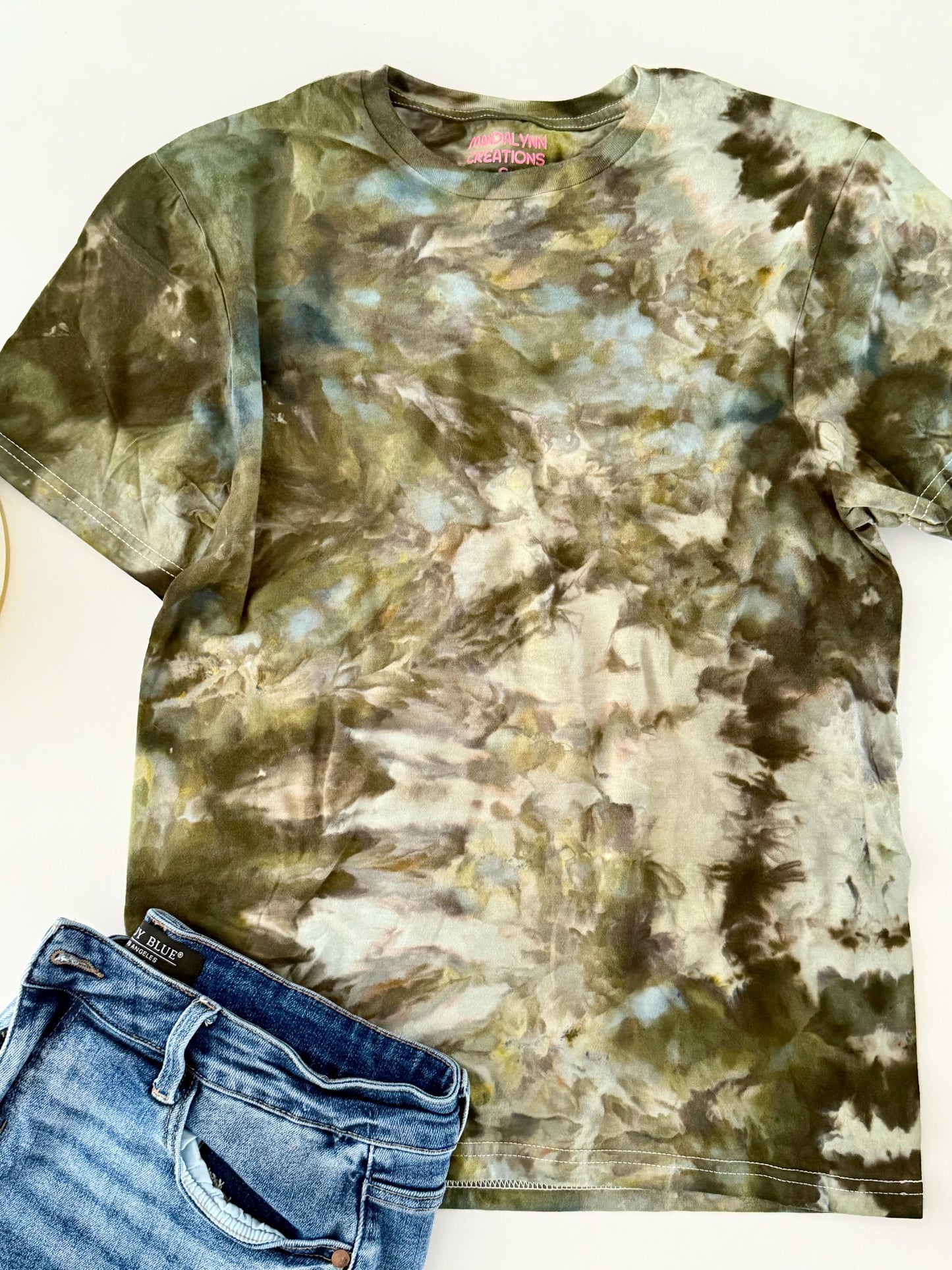 Ice Dyed T-Shirt: Army Green Tans, Unisex Comfy Tee