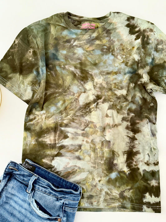 Ice Dyed T-Shirt: Army Green Tans, Unisex Comfy Tee