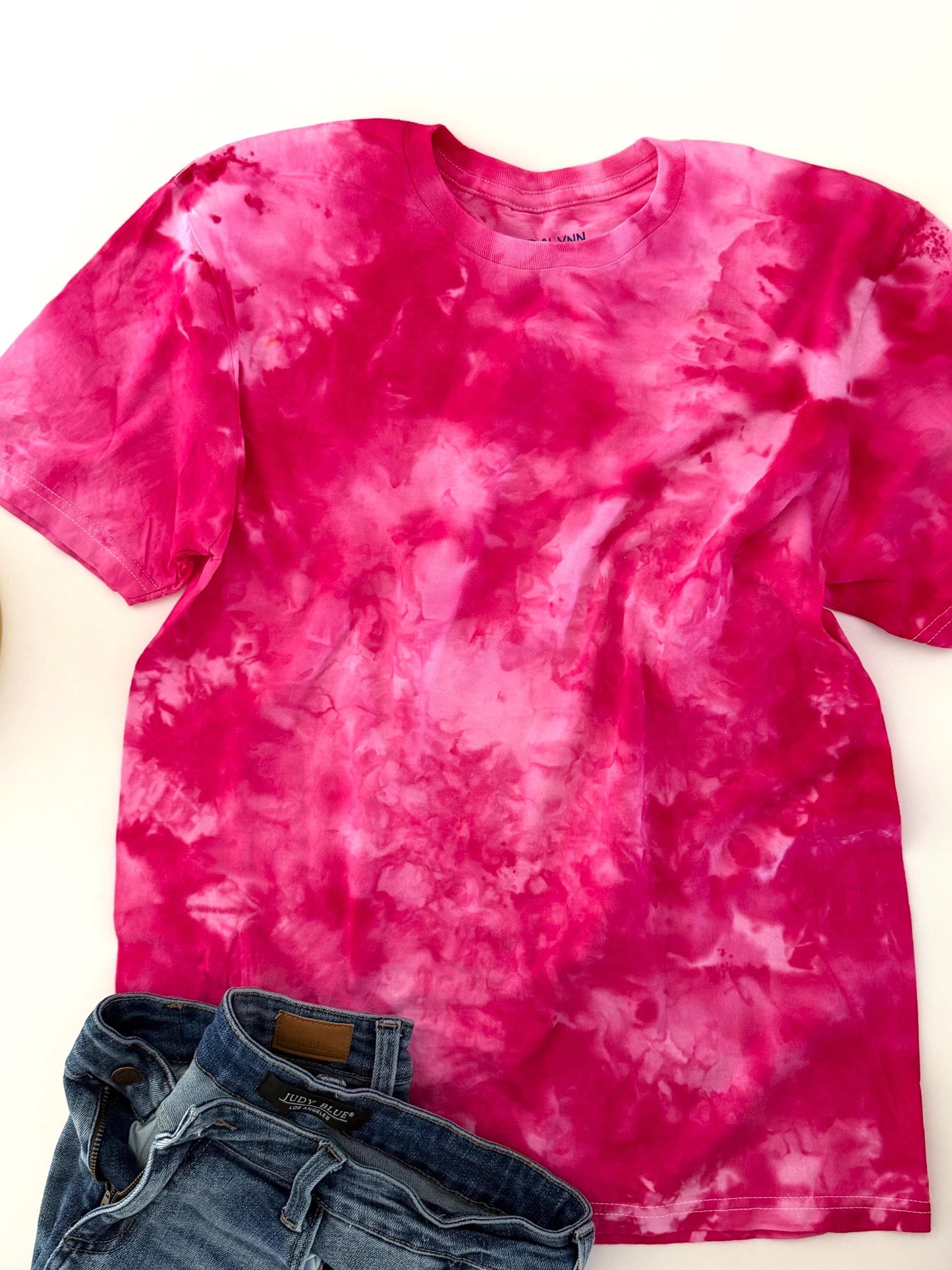 Hot Pink Ice Dyed T-Shirt: Hand-Dyed Cotton Crew Neck