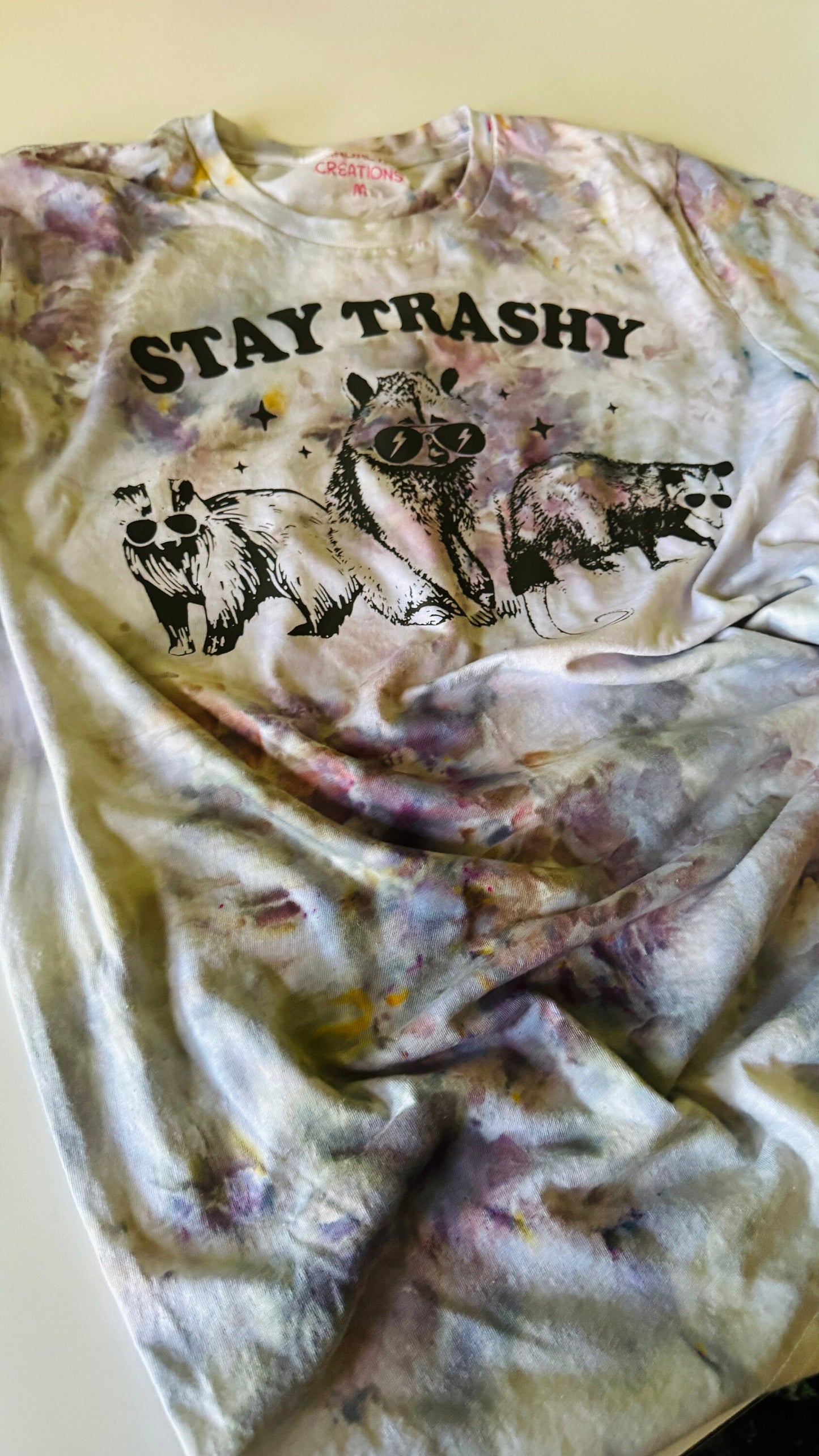 Stay Trashy Raccoon T-Shirt: Ice Dyed Cotton Tee