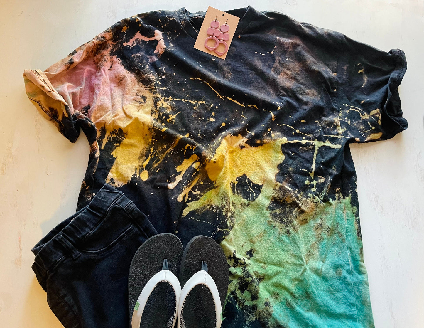 Vintage Rainbow Splatter Reverse Tie-Dye Shirt: Hand-Dyed Bleach Design