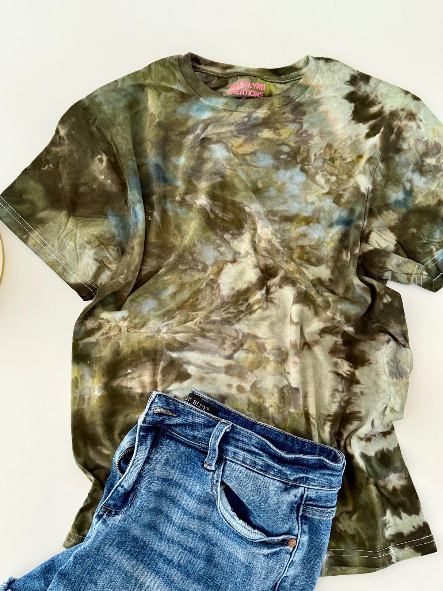 Ice Dyed T-Shirt: Army Green Tans, Unisex Comfy Tee
