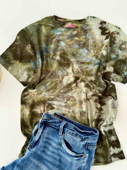 Ice Dyed T-Shirt: Army Green Tans, Unisex Comfy Tee