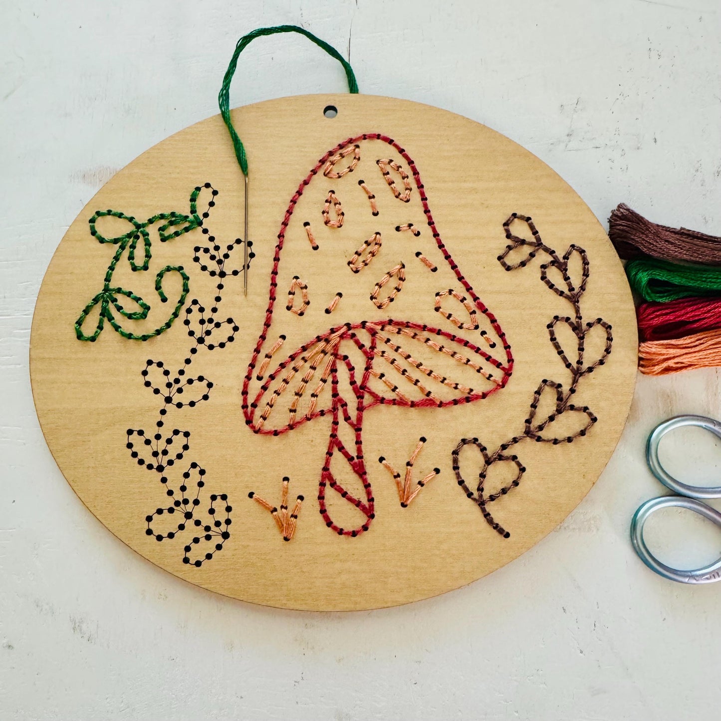 Mushroom & Wildflower Wooden Embroidery DIY Kit: Beginner Crafting