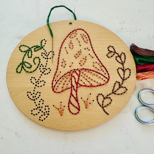 Mushroom & Wildflower Wooden Embroidery DIY Kit: Beginner Crafting