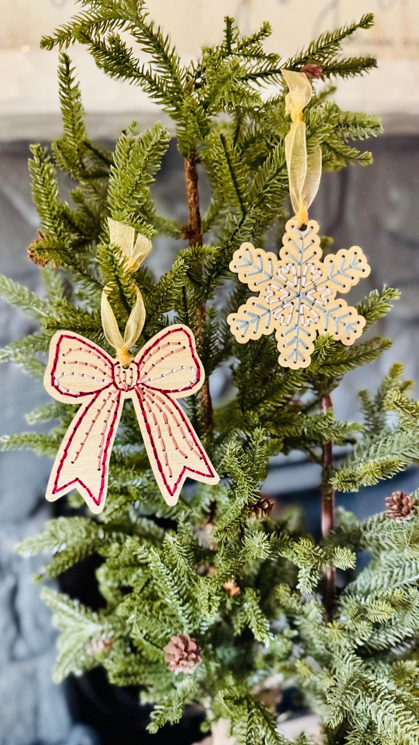 Vintage Inspired Snowflake and Bow Wooden Embroidery DIY Kit - Full Instructions Included