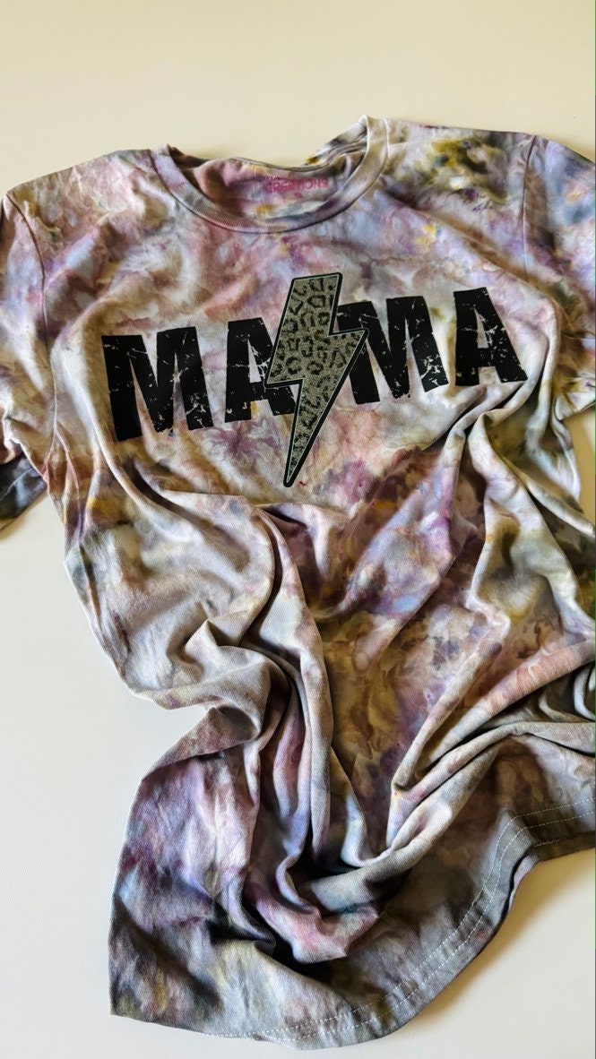 Mama Lightning Bolt Ice Dyed Shirt: Purple Gray Tie-Dye Tee