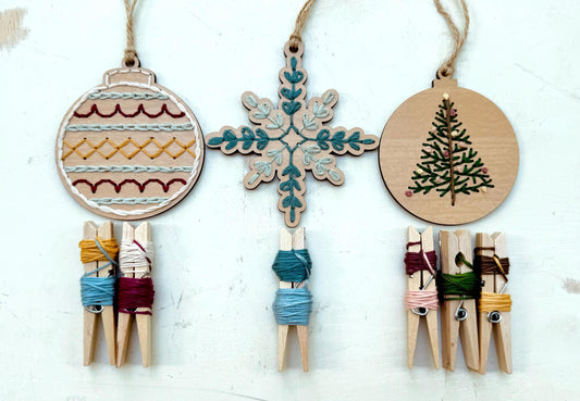DIY Wooden Embroidery Ornament Kit: Christmas Tree, Snowflake, Ball (3-Pack)