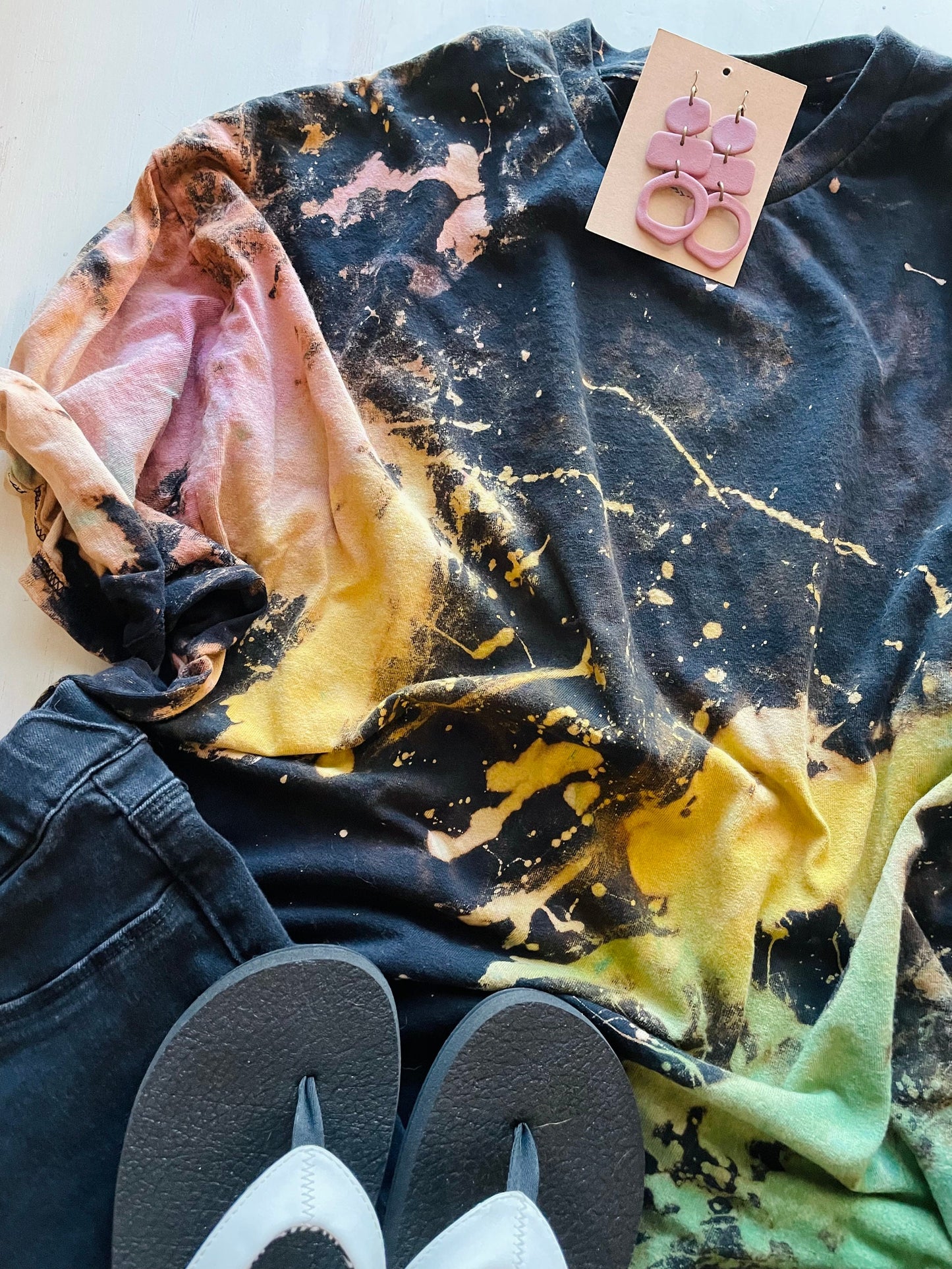 Vintage Rainbow Splatter Reverse Tie-Dye Shirt: Hand-Dyed Bleach Design