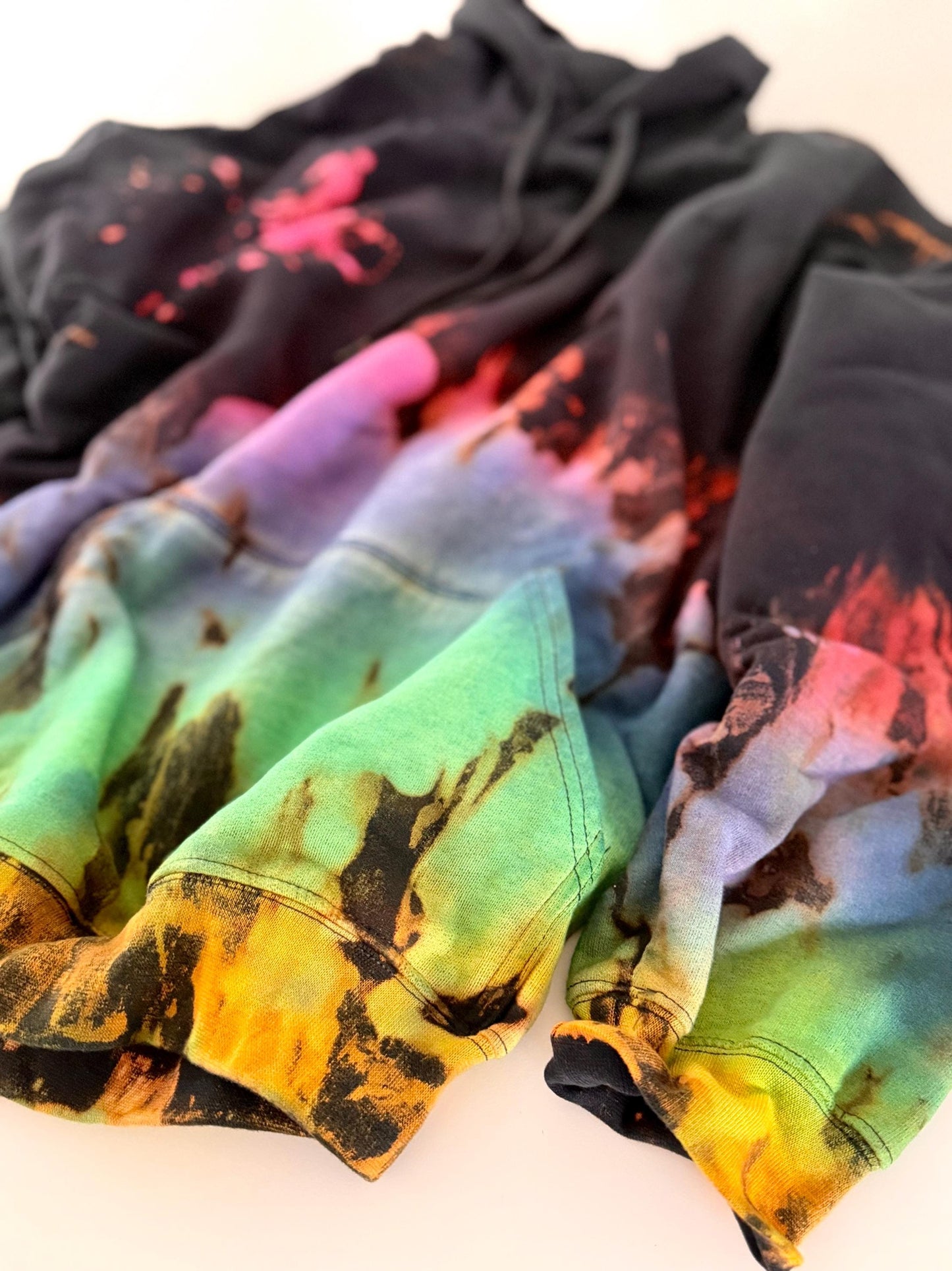 Black Rainbow Reverse Tie Dye Hoodie: Handmade Unisex Sweatshirt