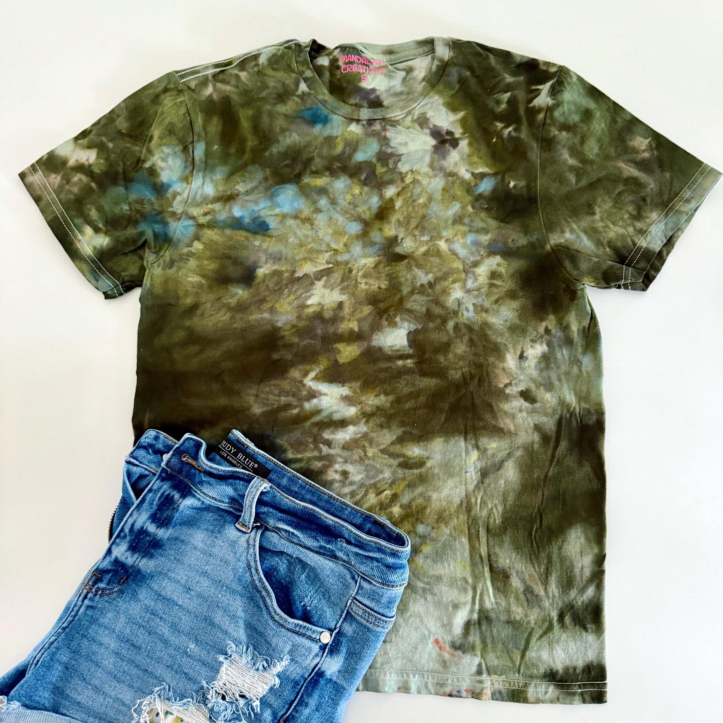 Ice Dyed T-Shirt: Army Green Tans, Unisex Comfy Tee
