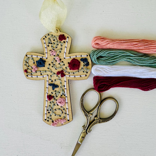 Cross Wooden Embroidery DIY Kit, Religious Craft - Full Instructions Included