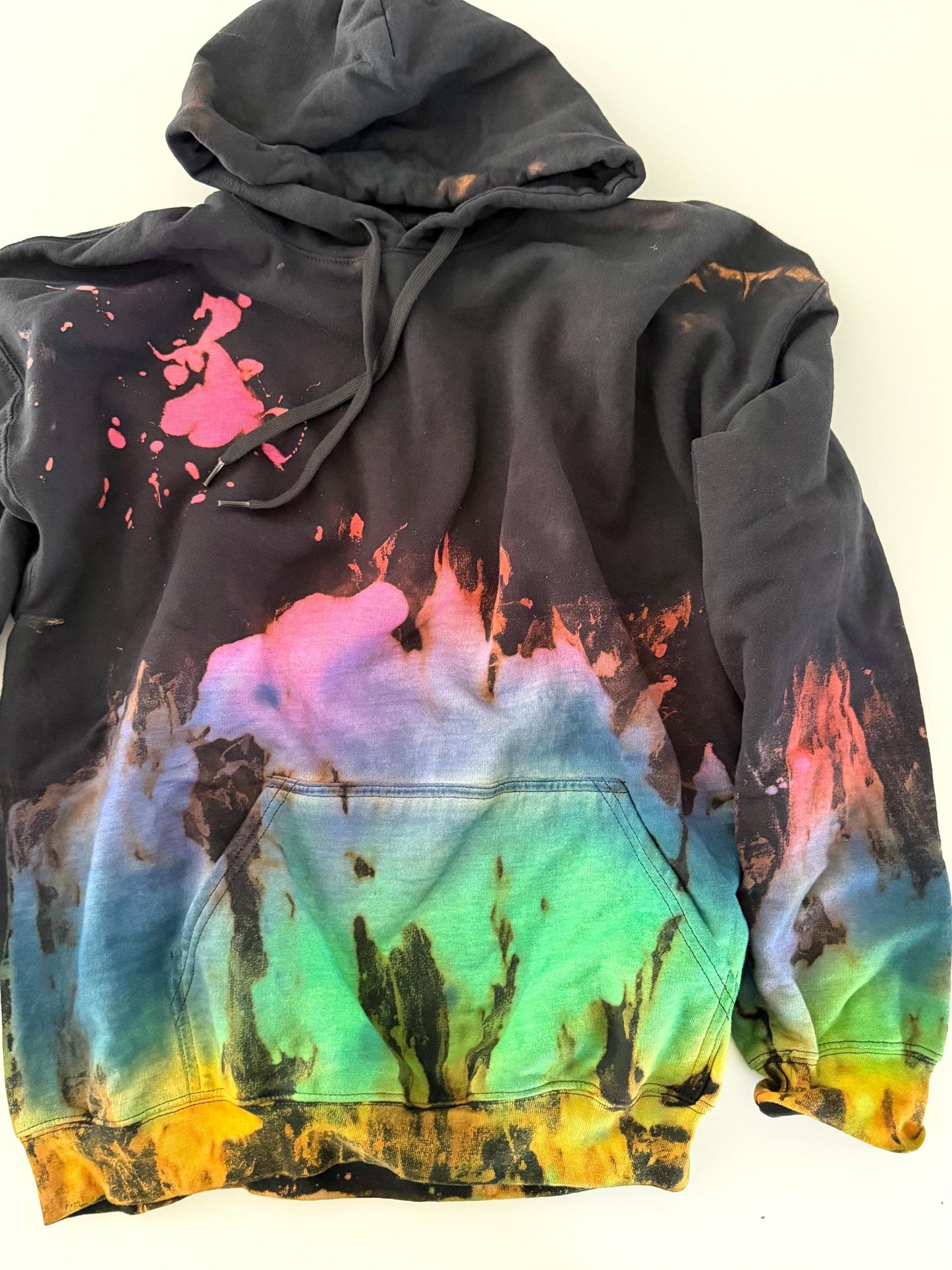 Black Rainbow Reverse Tie Dye Hoodie: Handmade Unisex Sweatshirt
