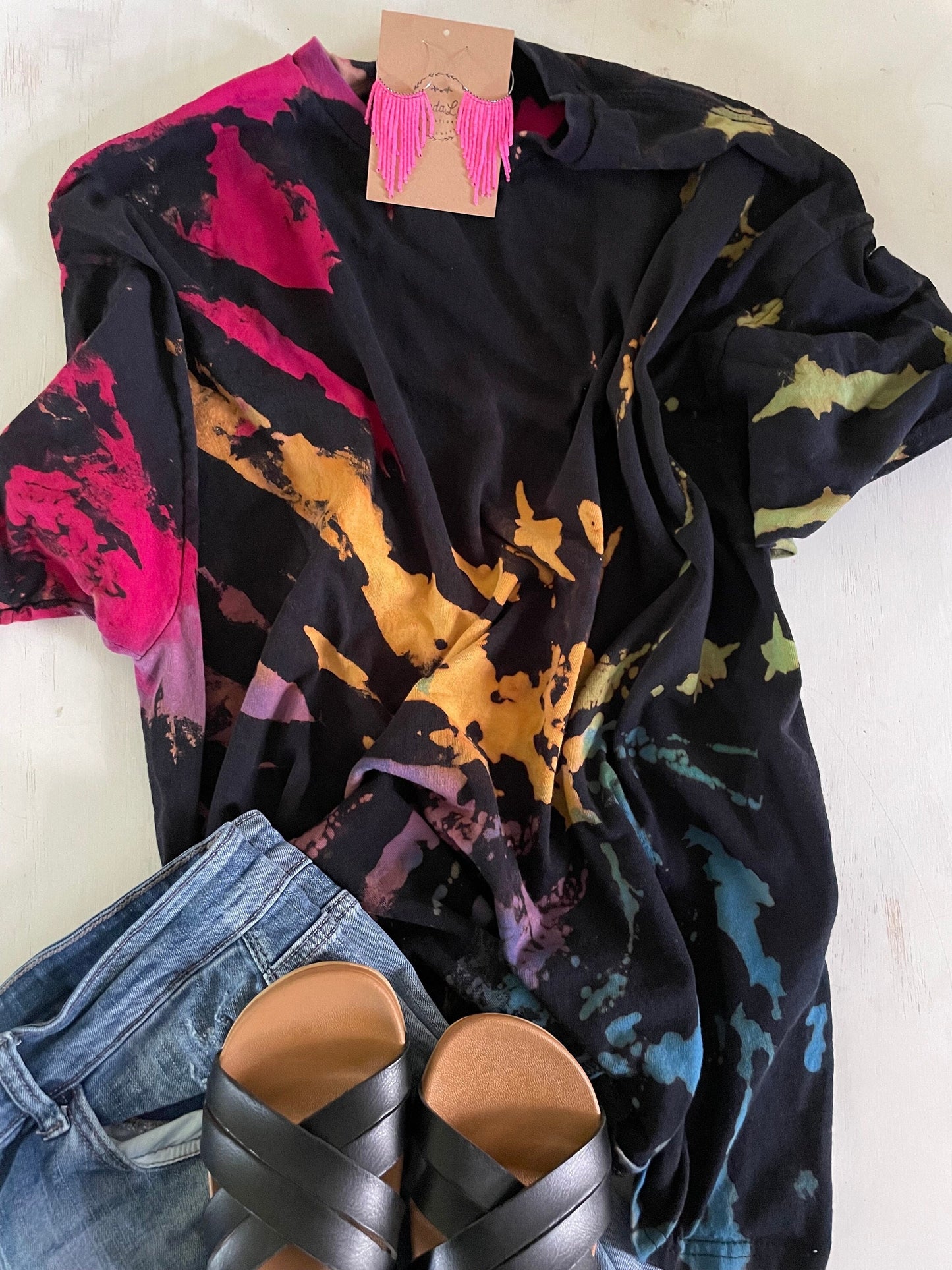 Reverse Tie Dye Shirt: Hand-Dyed Rainbow Bleached Shirt