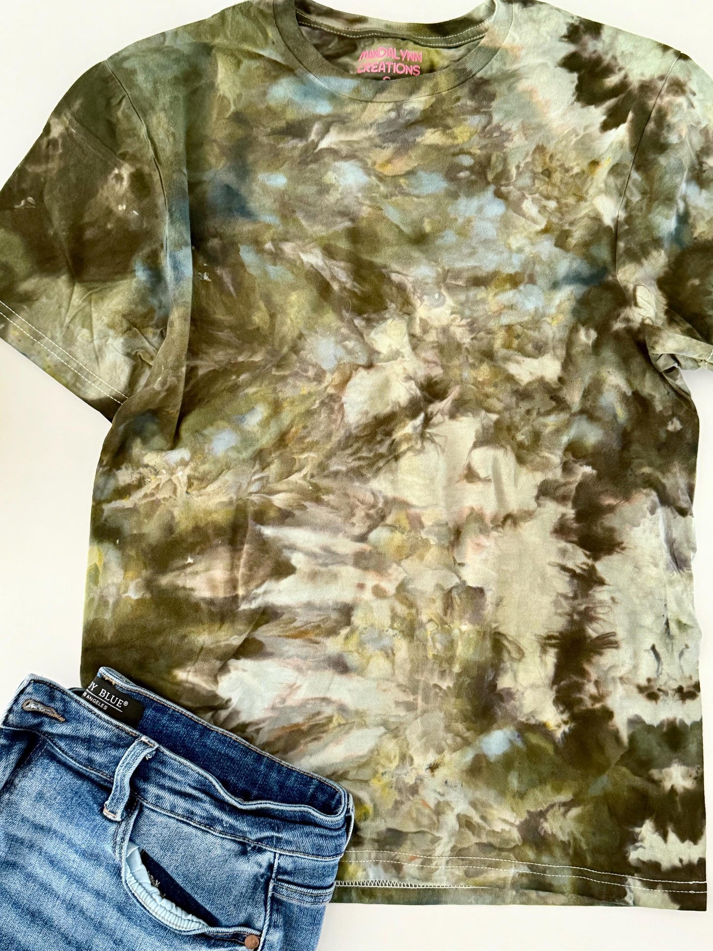 Ice Dyed T-Shirt: Army Green Tans, Unisex Comfy Tee