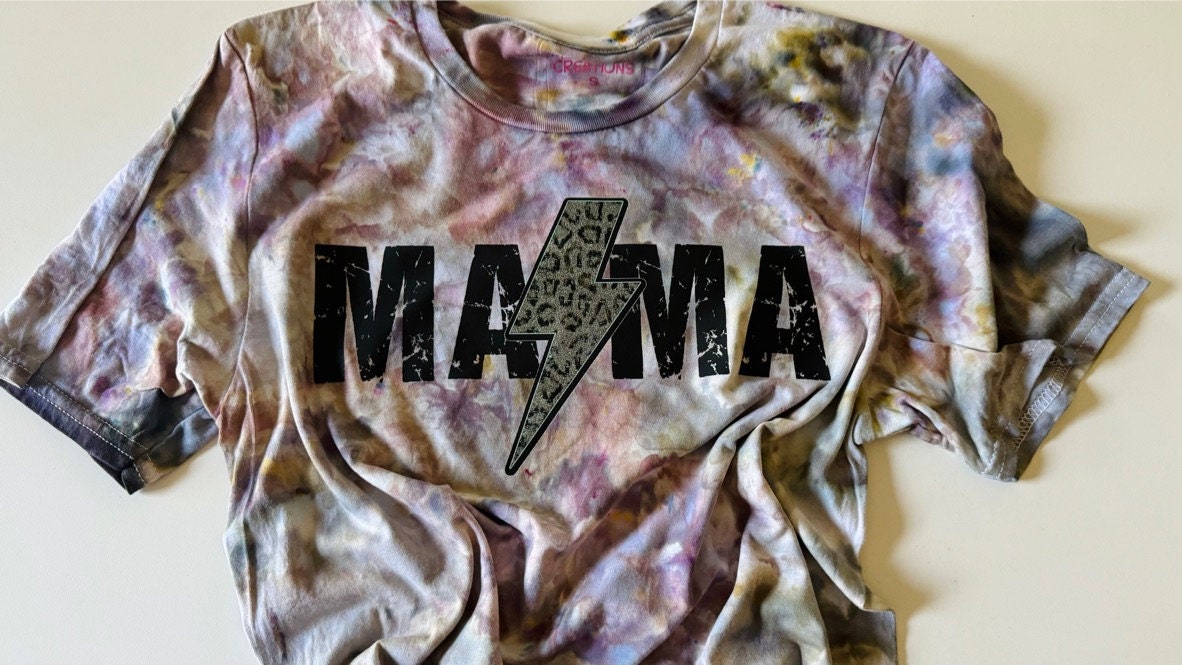 Mama Lightning Bolt Ice Dyed Shirt: Purple Gray Tie-Dye Tee