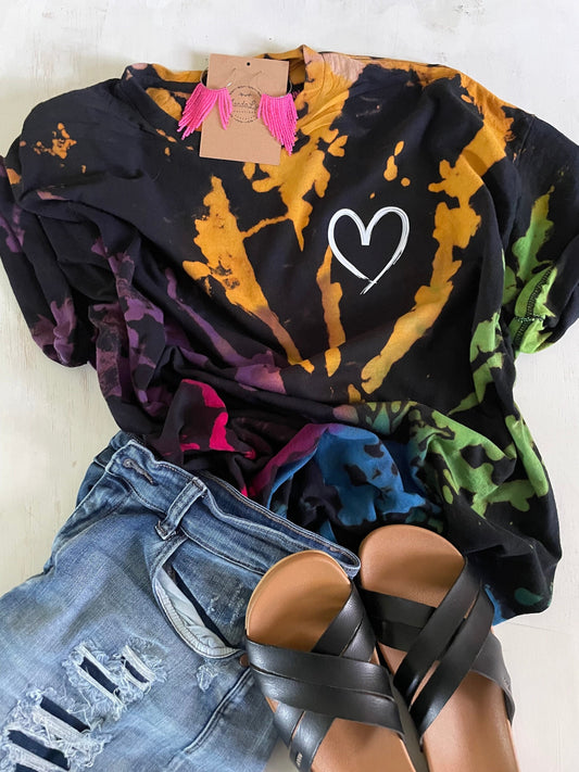Reverse Tie Dye Shirt: Rainbow Bleached Heart Design