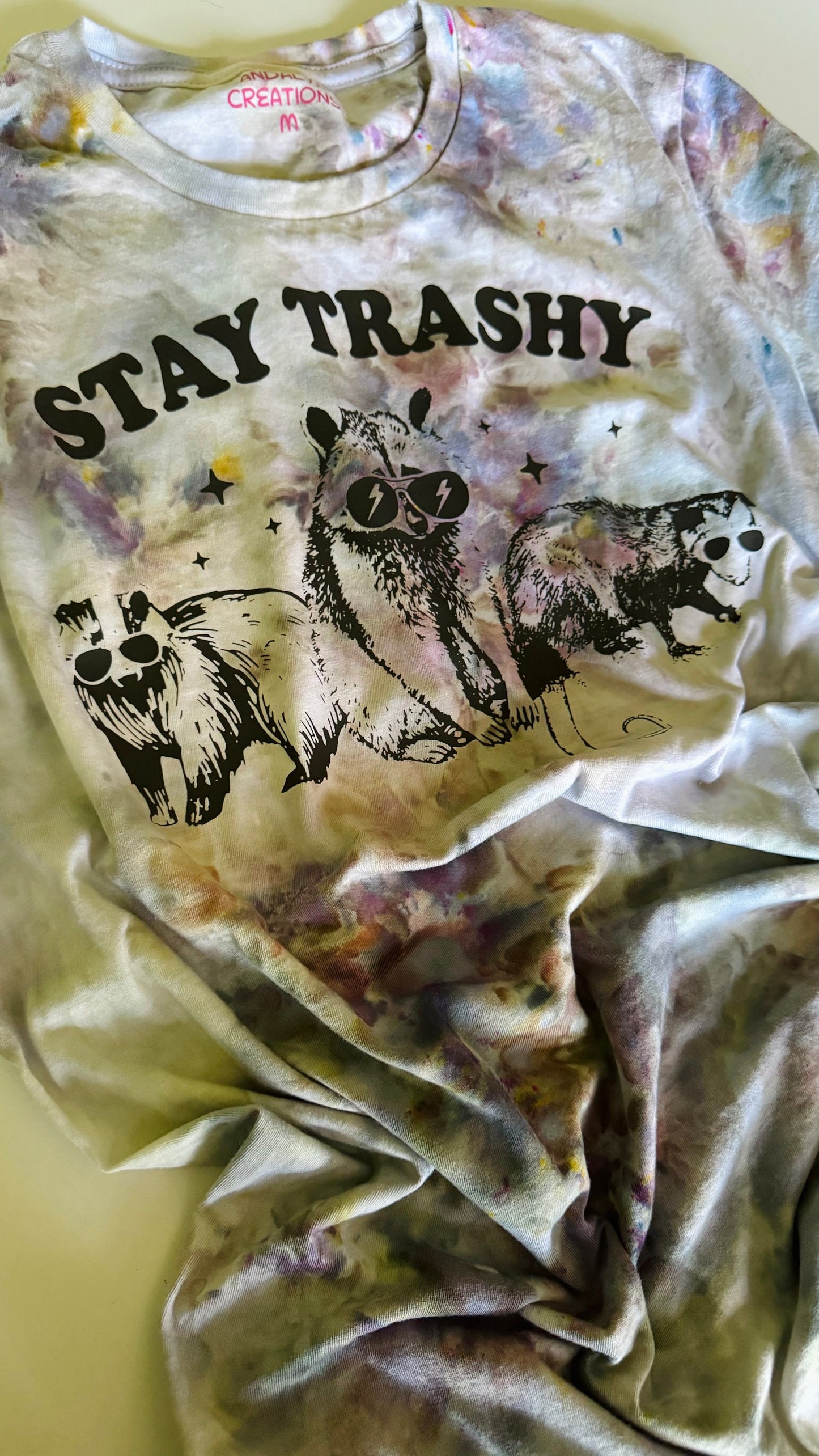 Stay Trashy Raccoon T-Shirt: Ice Dyed Cotton Tee
