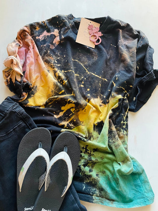 Vintage Rainbow Splatter Reverse Tie-Dye Shirt: Hand-Dyed Bleach Design